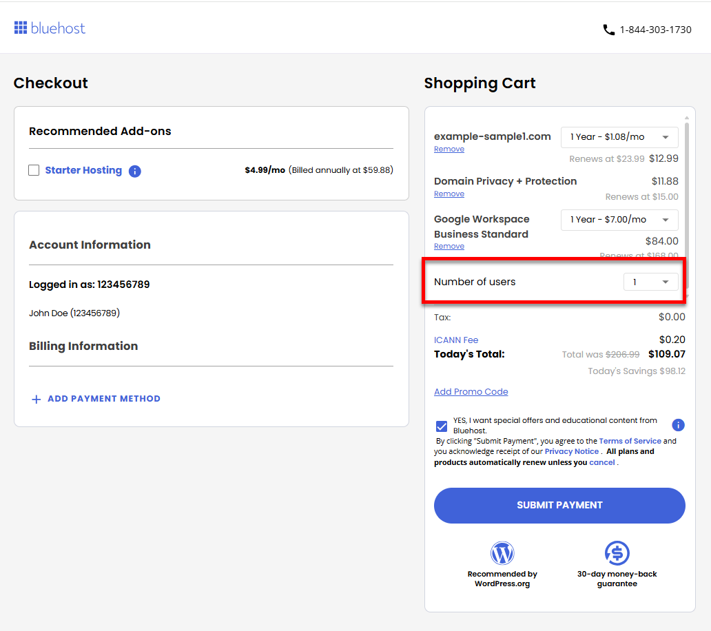 Bluehost Portal - Marketplace - Select number of users