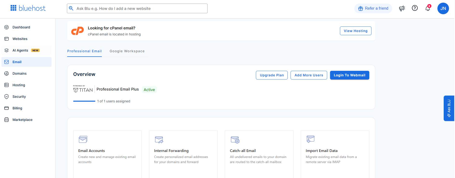 Bluehost Portal - Email tab interface