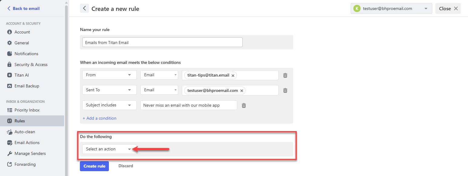 Professional Email - Create a rule Actions