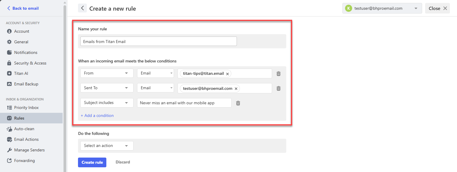Professional Email - Create a rule Fields