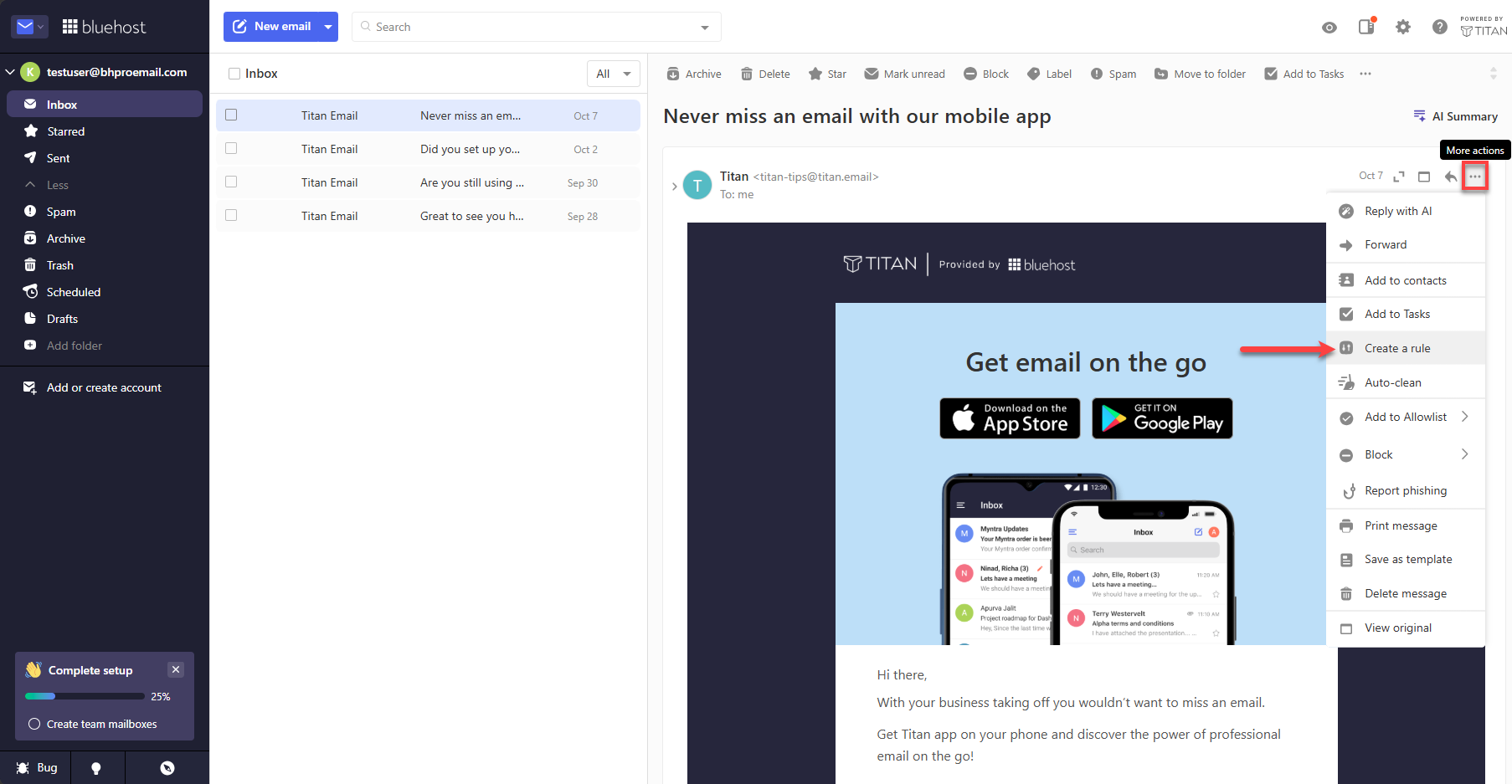 Professional Email - More Actions - Create a rule