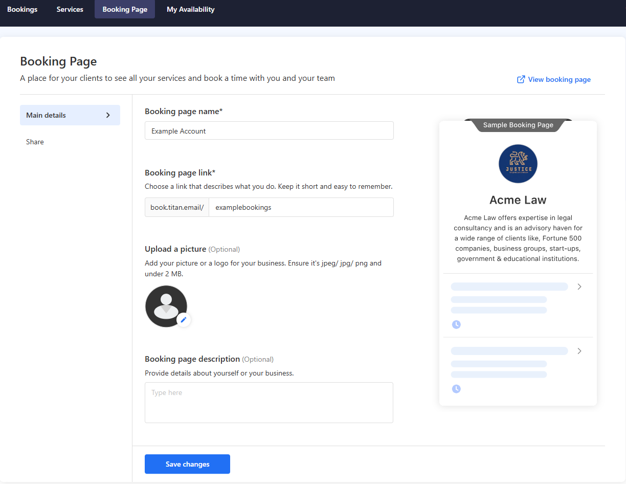 Booking Page tab with Main details and Save changes button