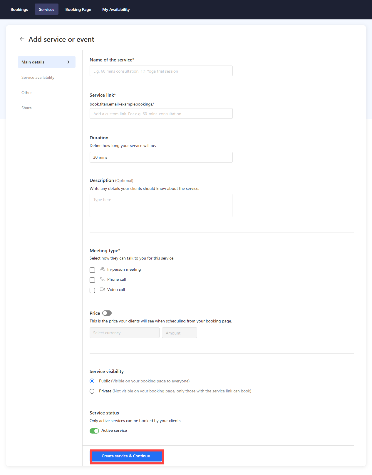 Add service or event page with Main details