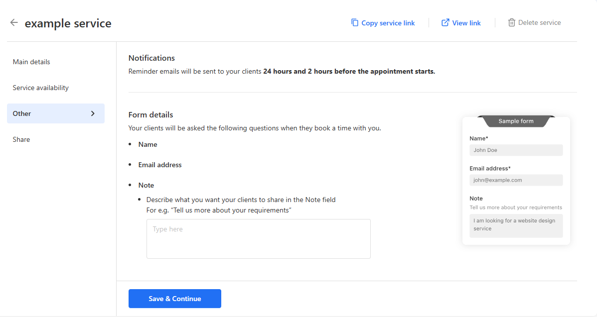 Other section with notifications and form details