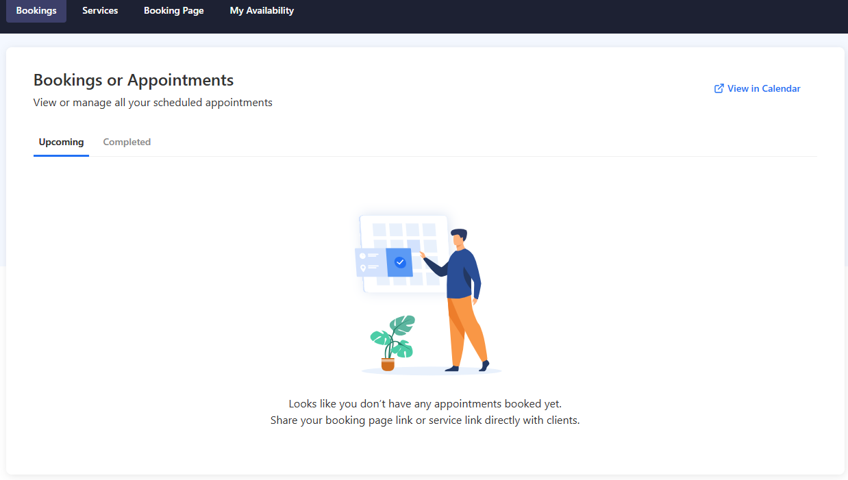 Bookings or Appointments tab with Upcoming and Completed