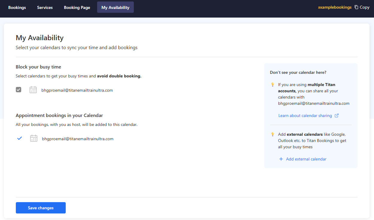 My Availability tab with Block your busy time and Add external calendar options