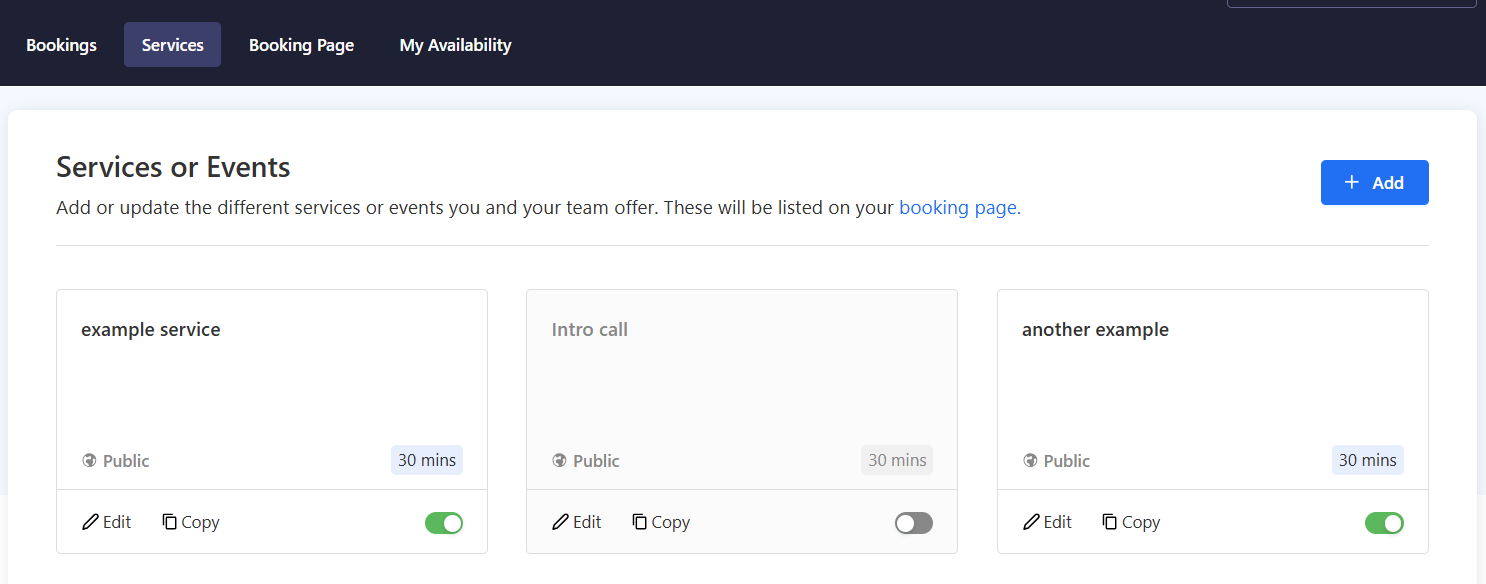 Services or Events tab in Professional Email Bookings