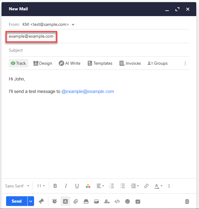 Professional Email webmail - Mentioned contact added to the recipient list