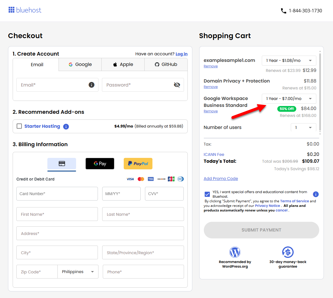 Google Workspace - Shopping Cart - Select billing term