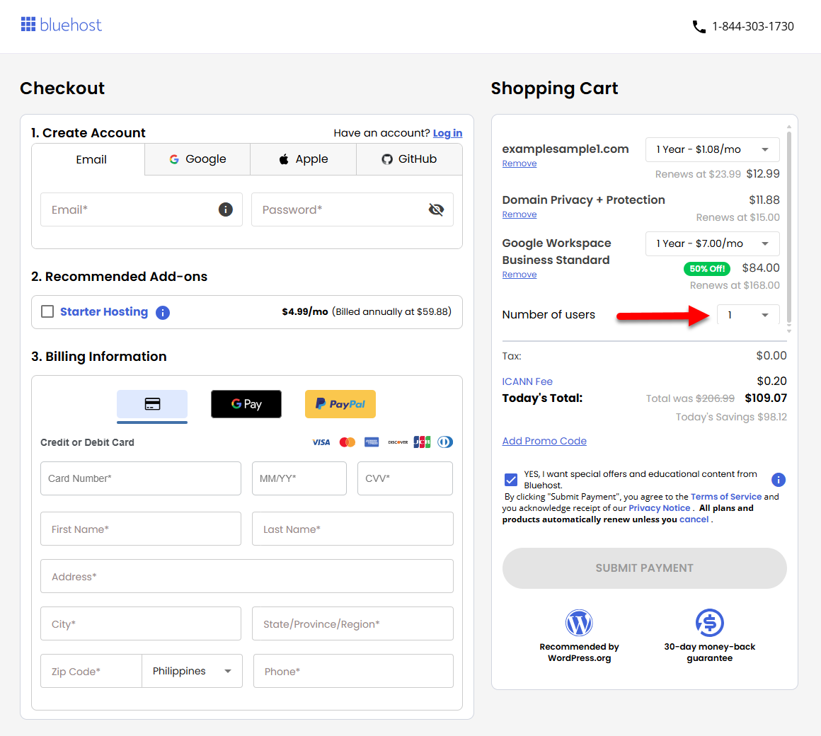 Google Workspace - Shopping Cart - Select number of users