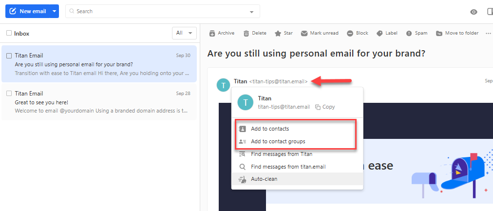 Inbox email with the sender name menu open and the Add to contacts and Add to contact groups options highlighted