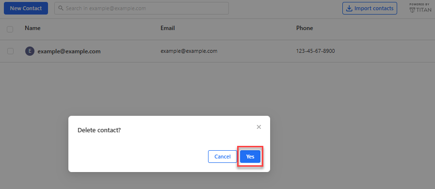 Delete contact confirmation prompt with Cancel and Yes buttons