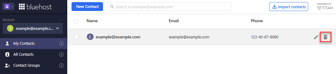 Contacts list row with the Edit and trash can icons on the right side