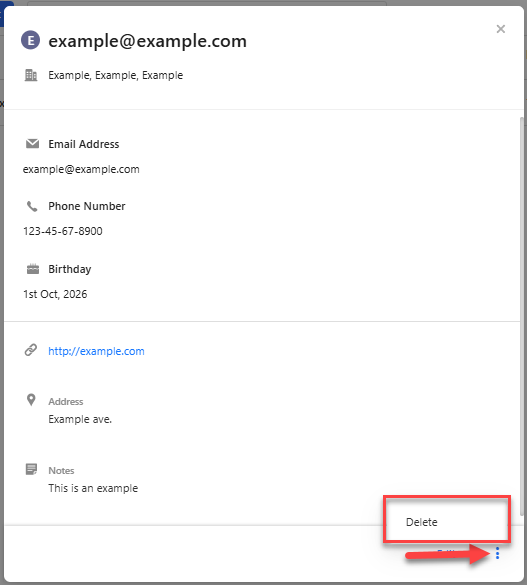 Contact details window with the three-dot menu open and the Delete option highlighted