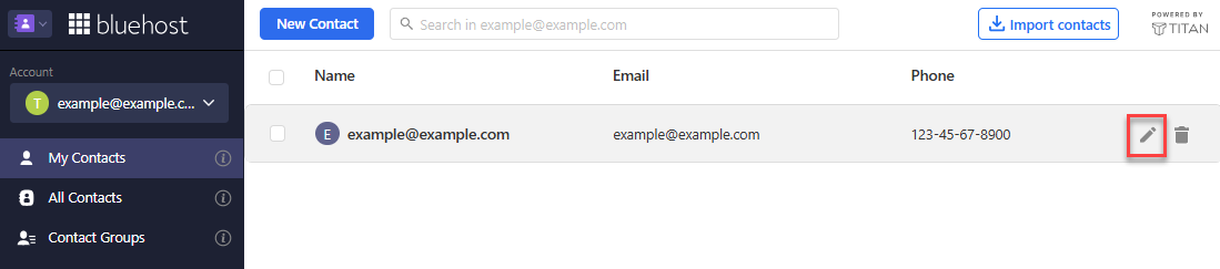 Contacts list row with the pencil (Edit) icon highlighted