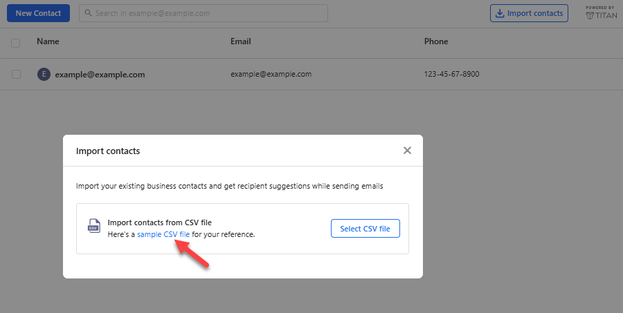 Import contacts window with the sample CSV file link highlighted