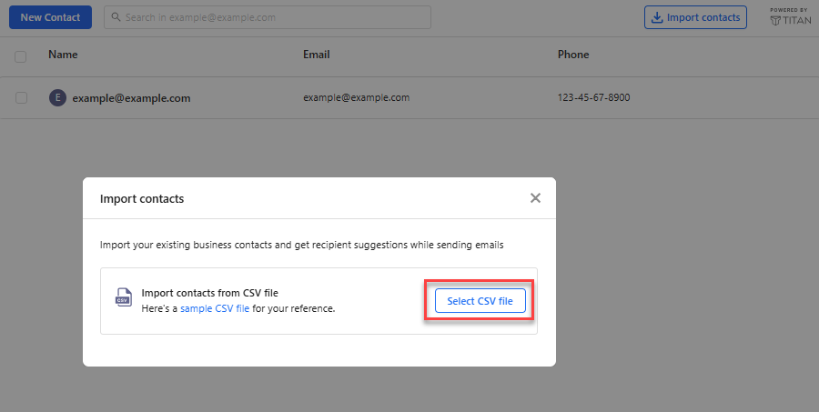 Import contacts window with the Select CSV file button highlighted
