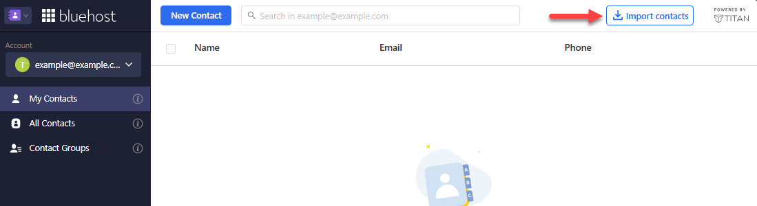 Contacts view with the Import contacts button highlighted