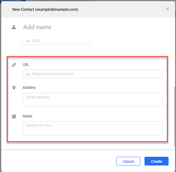 New Contact form showing the optional URL, Address, and Notes fields