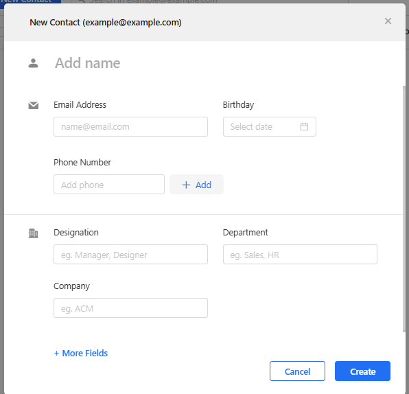 New Contact form with the More Fields link highlighted