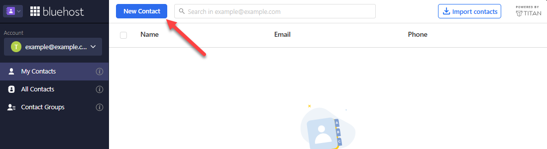 Contacts view with an arrow pointing to the New Contact button