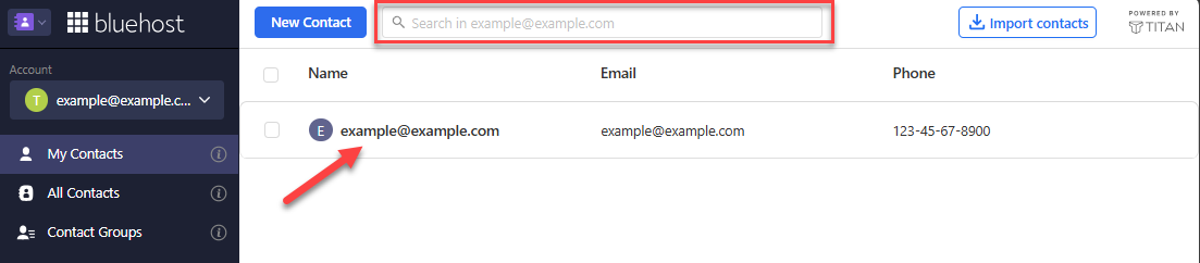 Contacts list with the search bar highlighted and an arrow pointing to a contact