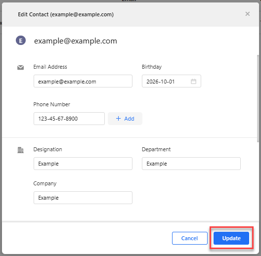 Edit Contact form with the Update button highlighted
