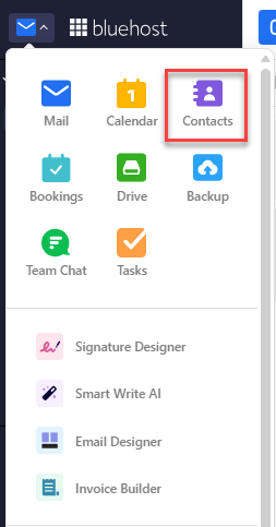 Switch apps menu with the Contacts option highlighted
