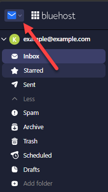 Titan Webmail inbox with the Switch apps icon highlighted next to the Bluehost logo