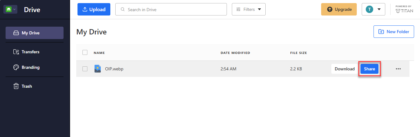 Titan Drive Share button shown when hovering over a file