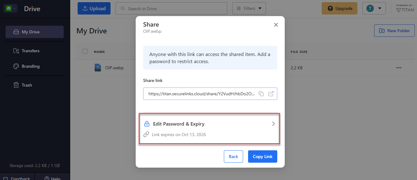 Titan Drive Share window with the Edit Password & Expiry option