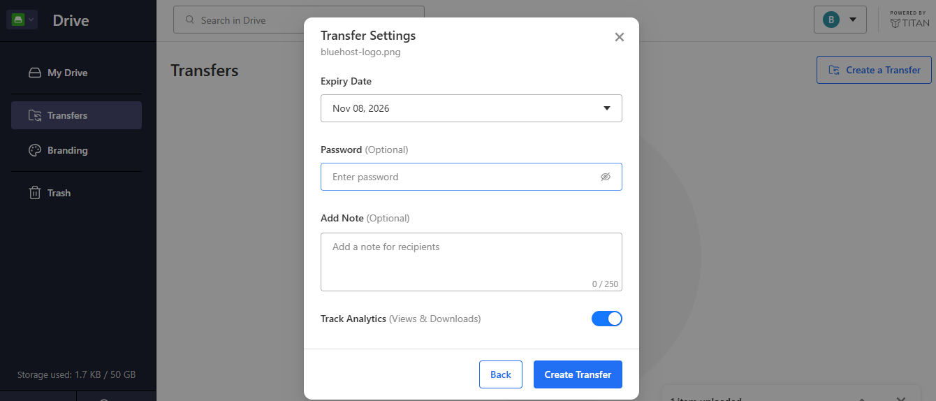 Titan Drive Transfer Settings window