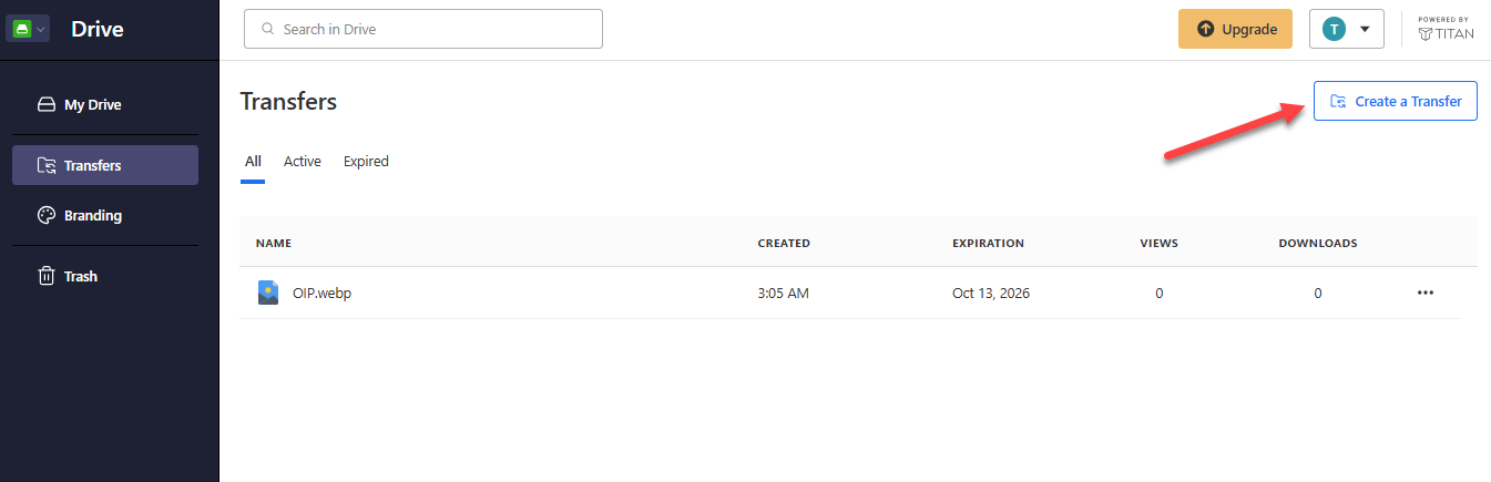 Titan Drive Create a Transfer button on the Transfers page