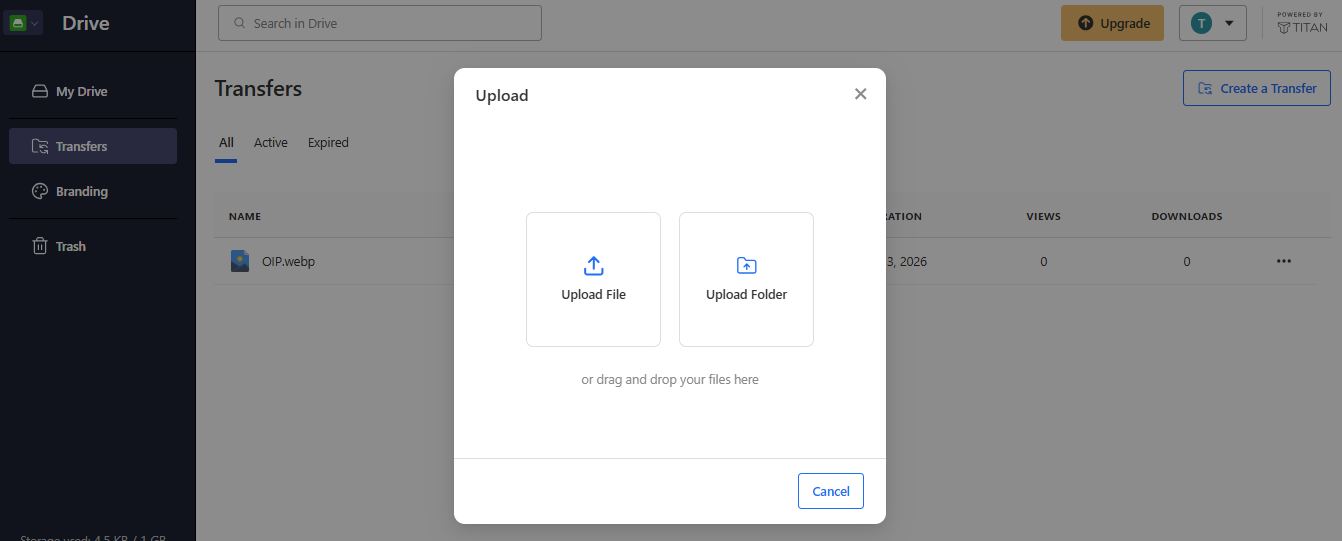 Titan Drive Upload window for creating a transfer