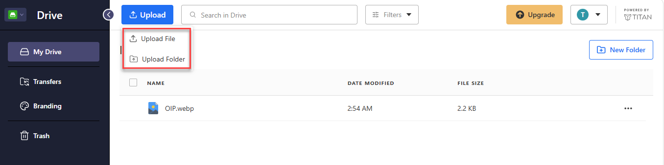 Titan Drive Upload menu with Upload File and Upload Folder options