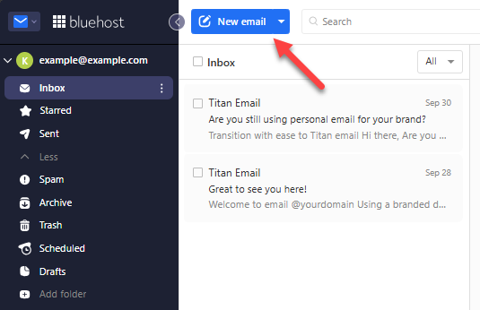 Titan Webmail inbox with the New email button