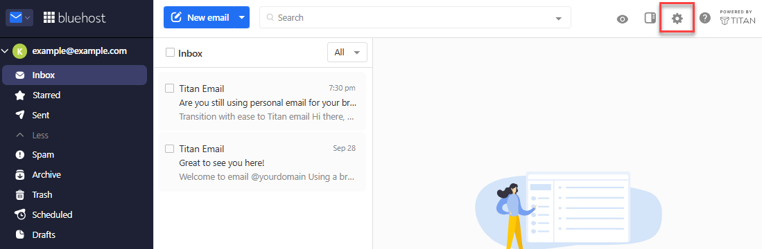 Professional Email inbox with the Settings gear icon highlighted in the upper-right toolbar