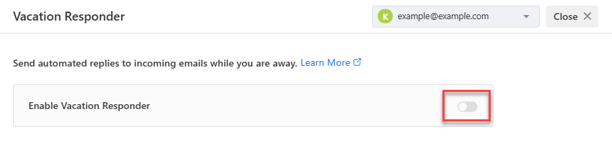 Vacation Responder page with the Enable Vacation Responder toggle highlighted