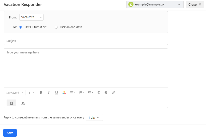 Vacation Responder form showing the From date, To options, Subject field, message field, and reply frequency dropdown