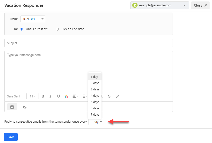 Reply frequency dropdown expanded to show options from 1 day to 7 days