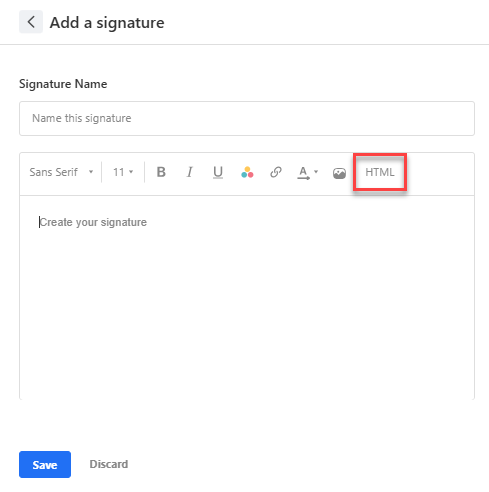 Add a signature page with the HTML button in the editor toolbar