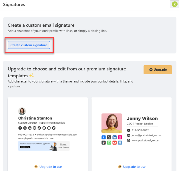 Signatures page with the Create custom signature button