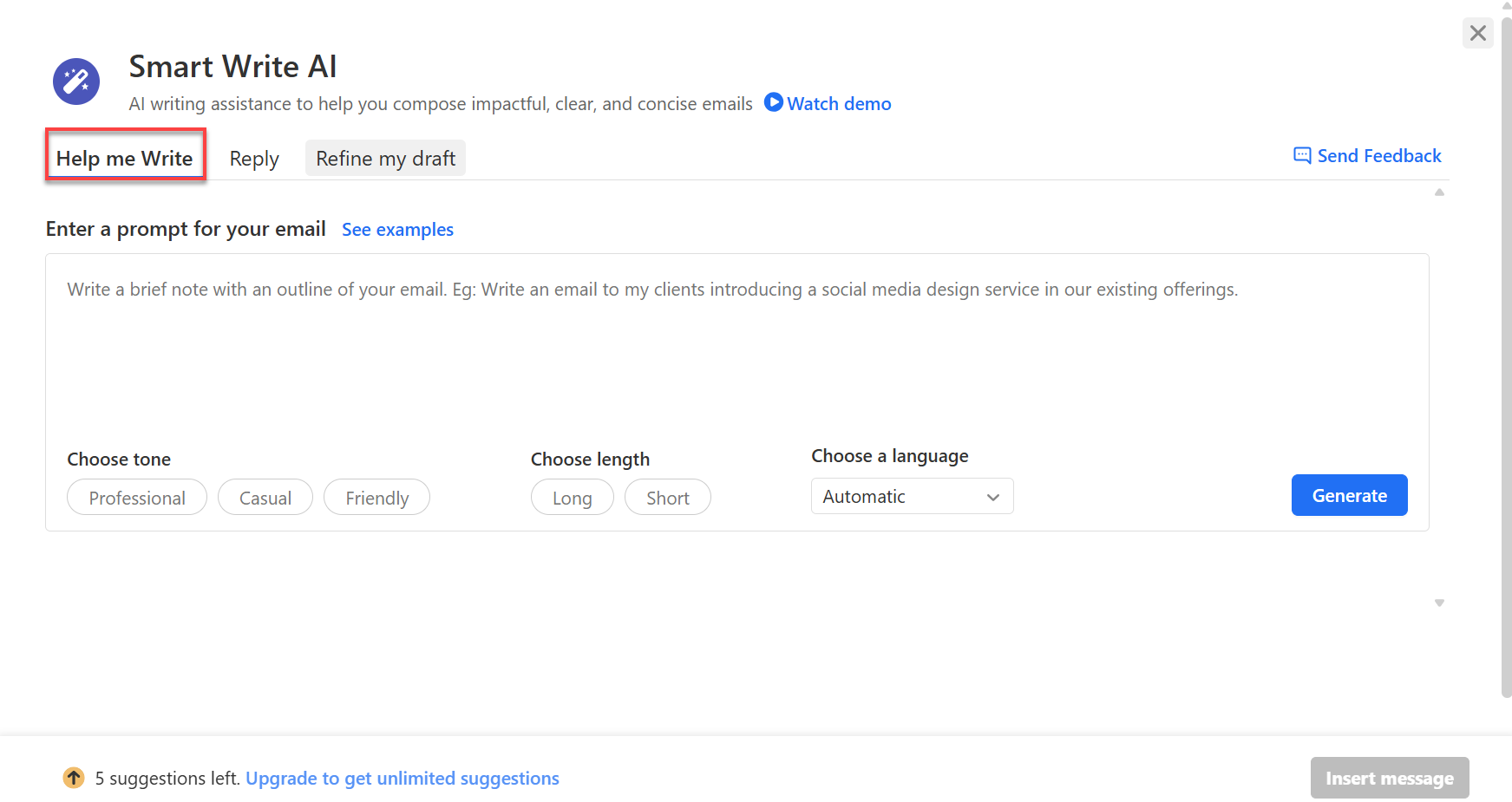 Titan Webmail - Smart Write AI - Help me Write Tab