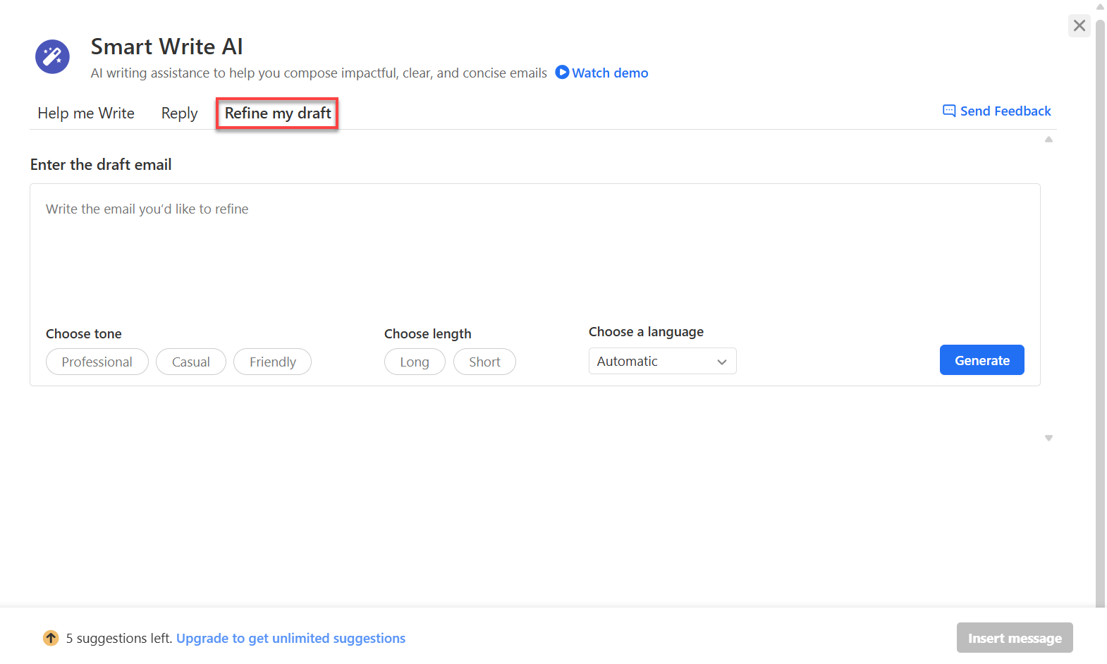 Titan Webmail - Smart Write AI - Refine my draft Tab