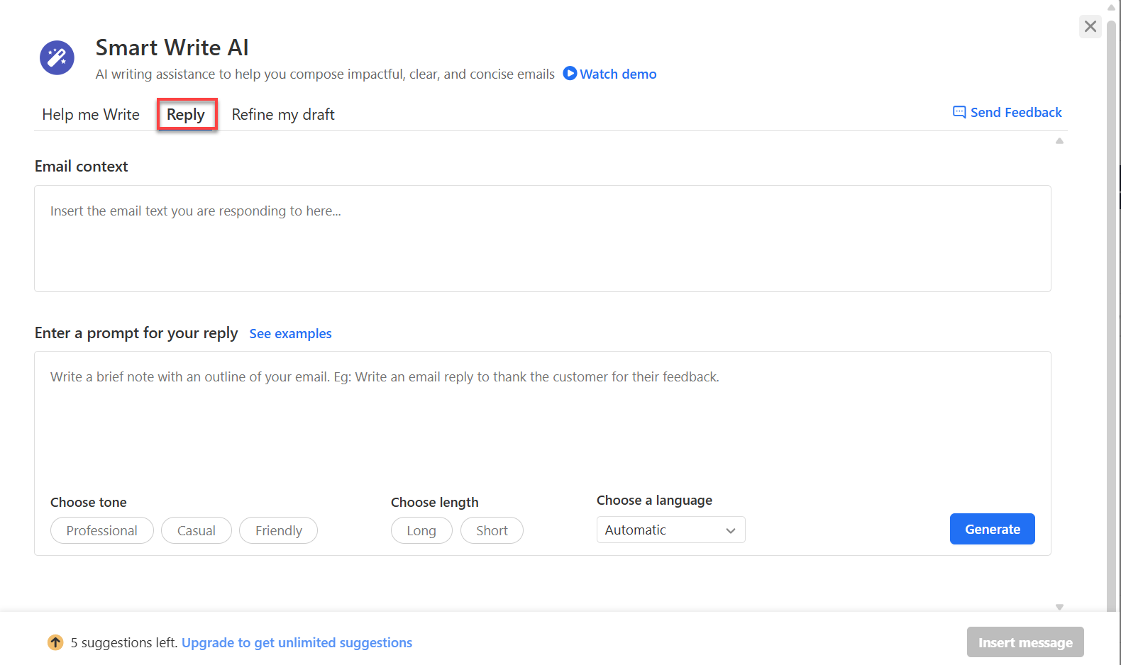 Titan Webmail - Smart Write AI - Reply Tab