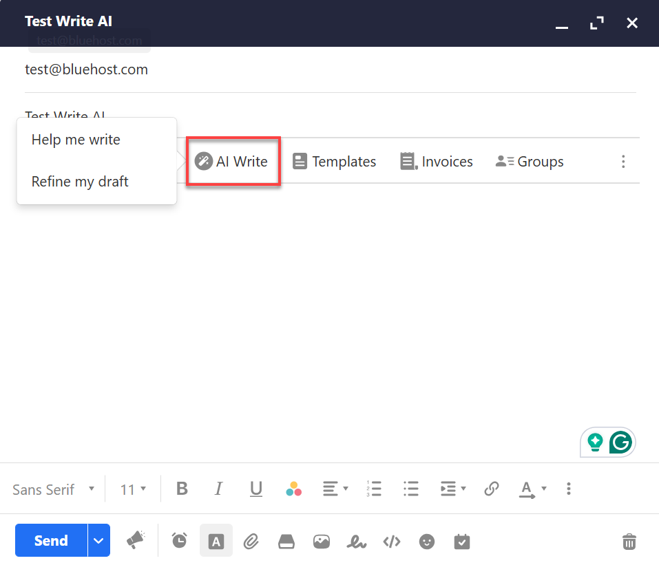 Titan Webmail - New Email - AI Write Menu