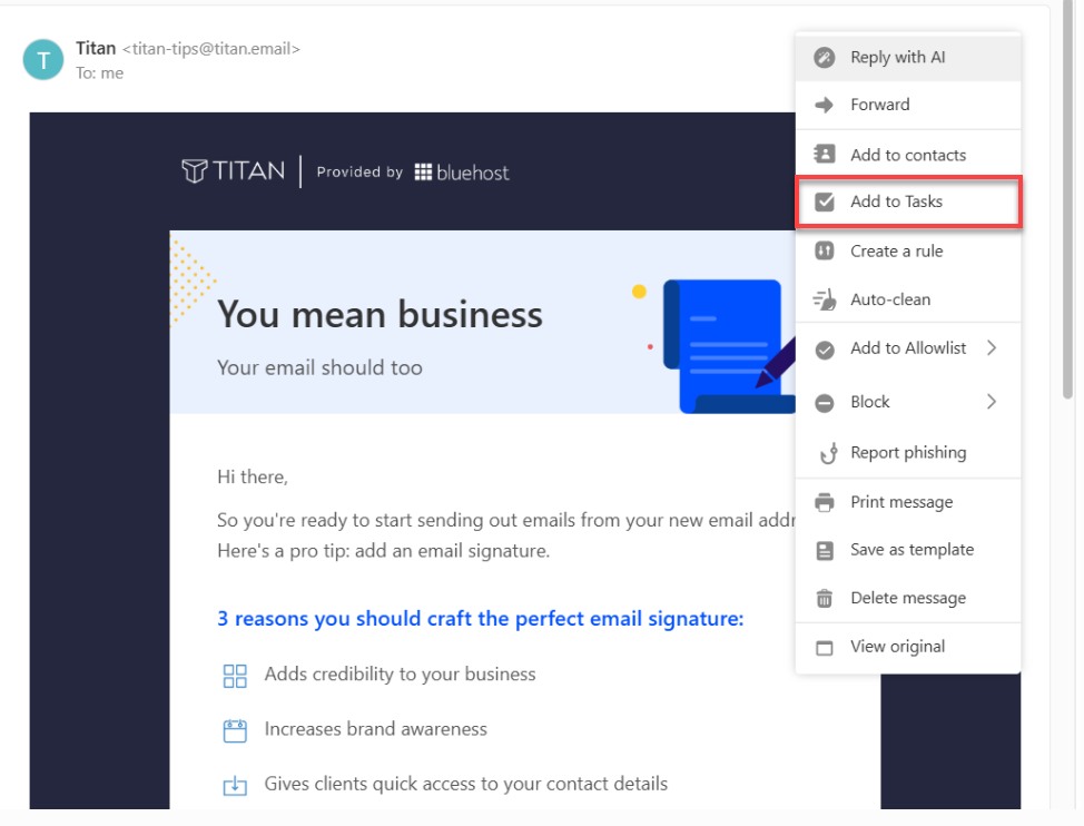 Titan Webmail - Email - More actions - Add to Task