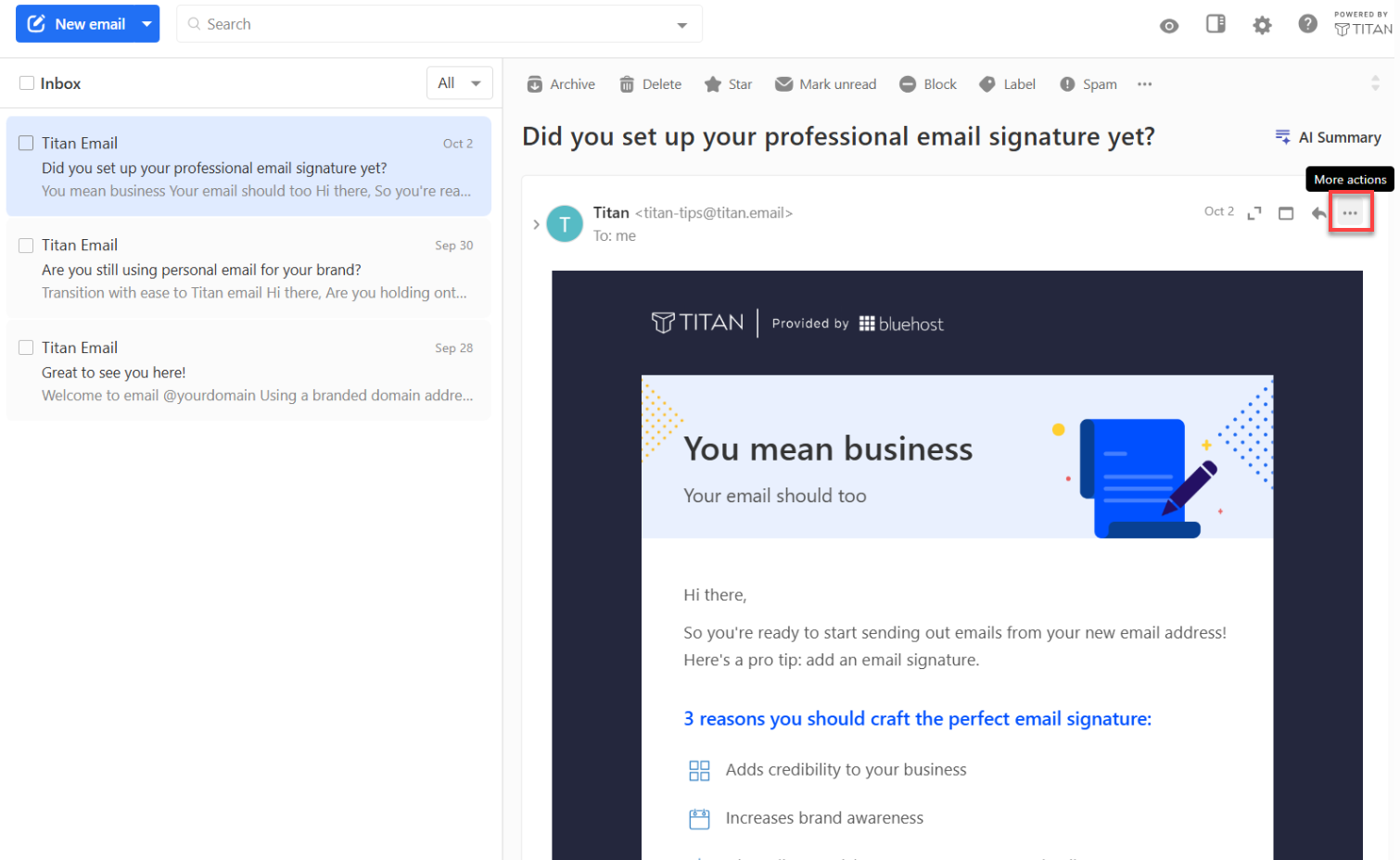 Titan Webmail - Email - More actions