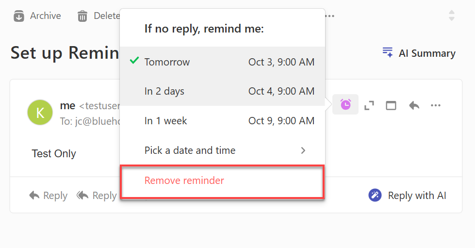 Professional Email Webmail - Remove Reminder