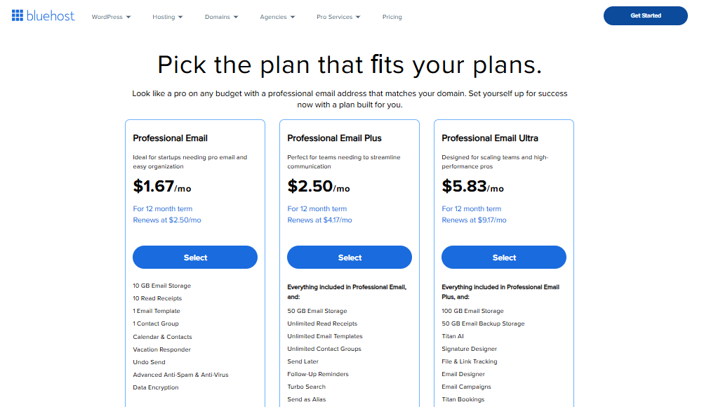 Bluehost website - Professional Email - Select plan
